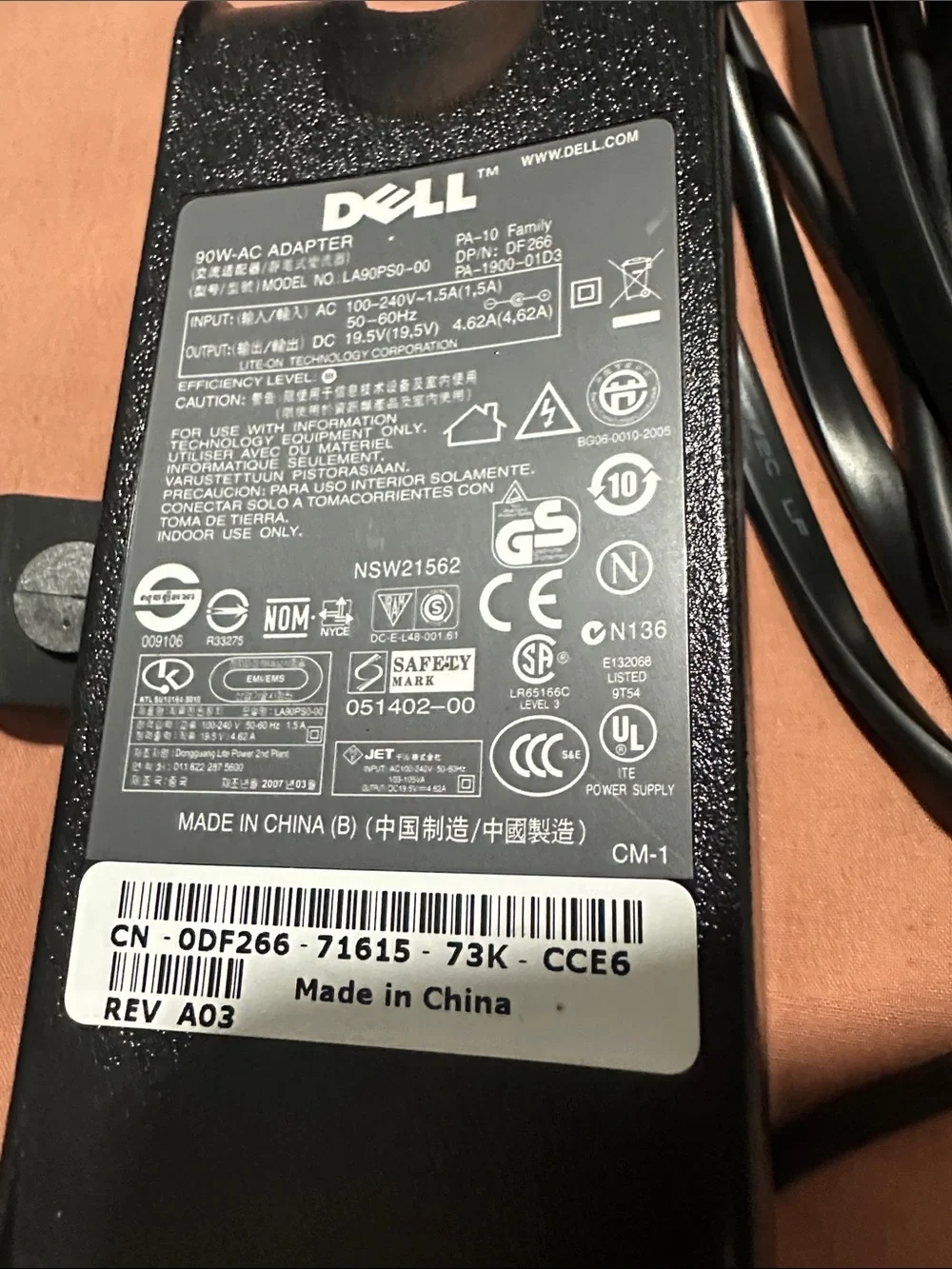 Dell 90W AC Laptop Power Adapter - Black